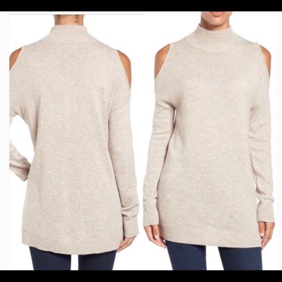 NWT-Halogen Alpaca & Wool Blend Mock Neck Cold Shoulder Cream Sweater - Picture 2 of 13